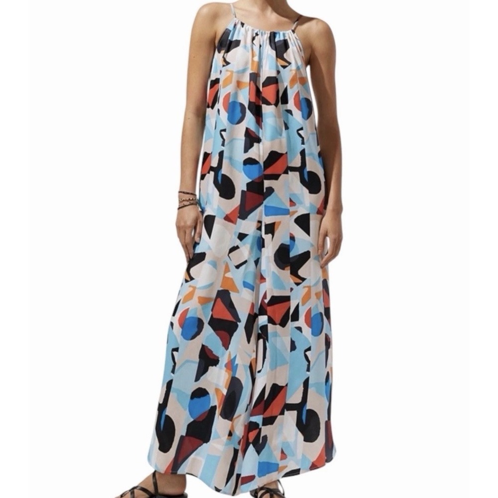 Anthropologie Women's XL Breezy Wide Leg Jumpsuit Geo Print White Blue Boho